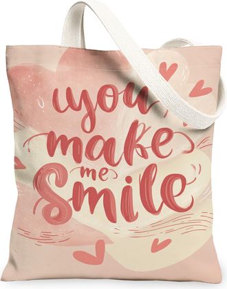 Generic ValentineS Day Hearts Canvas Tote Bags, Cute Love Quote Pattern Reusable Grocery Bags, Lightweight Washable Shoulder Strap, Peach, 13x15 Inch