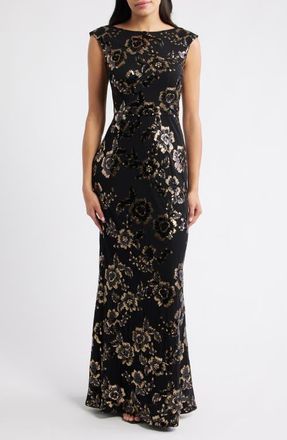 Eliza J Sequin Cap Sleeve Mermaid Gown in Black Gold at Nordstrom, Size 6