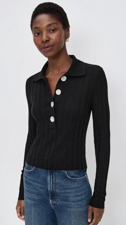 Madewell Polo Sweater Womens Black Ribbed Lettuce Hem Long Sleeve GBO3260