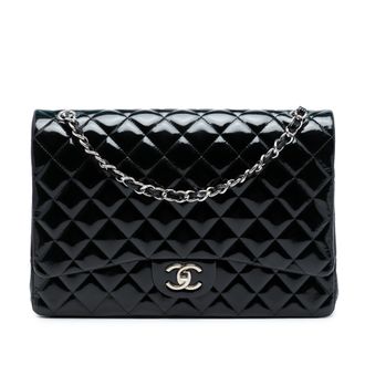 Chanel Pre-owned Womens Maxi Classic Patent Double Flap - Black Leather - One Size