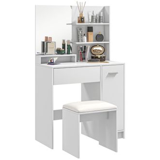OEM Tocador De Maquillaje Con Taburete Espejo Caj&oacute;n Estante Ajustable Y Estantes Abiertos Anti-vuelco Blanco Y Beige
