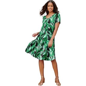 Roaman's Plus Size Short Sleeve Sleeve Swing Dress in Green Palm Leaves at Nordstrom, Size 36P