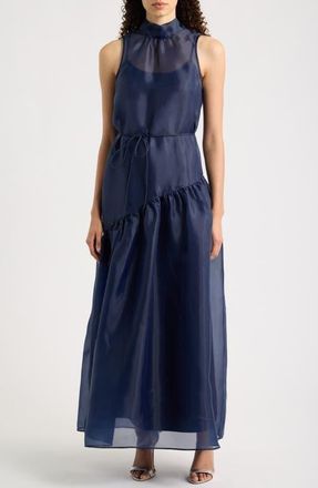 Julia Jordan Tie Neck Organza Overlay Gown in Navy at Nordstrom, Size 14