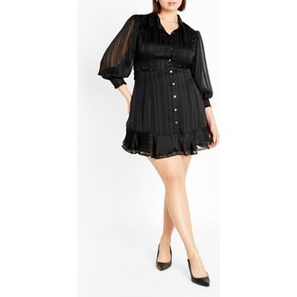 City Chic Journi Stripe Long Sleeve Shirtdress in Black at Nordstrom