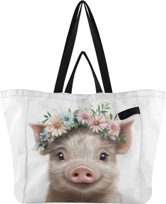 Generic Floral Pig White pattern Reusable Canvas Tote Bag, Heavy Duty Grocery Shopping Bag with Hard Bottom Large Capacity Double Handles Work Groceries Trave