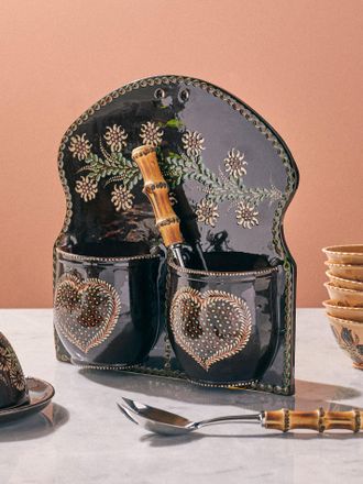 Poterie d'&Eacute;vires Flowers and Hearts Hand-Painted Ceramic Double Utensil Holder