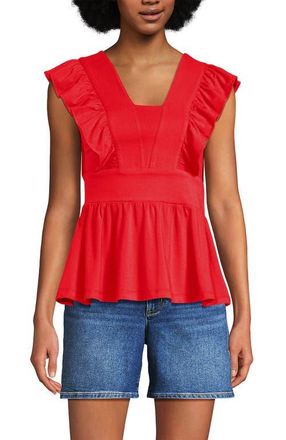 Lands End Lightweight Jersey Ruffle Peplum Top in Bright Poppy at Nordstrom, Size X-Large P