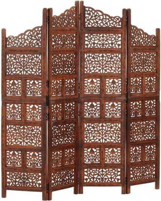 vidaXL Biombo 4 Paneles Tallado A Mano Madera Mango Marr&oacute;n 160x165 Cm Vidaxl