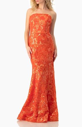 Ivonne Strapless Sequin Floral Brocade Gown in Orange Red at Nordstrom, Size 10