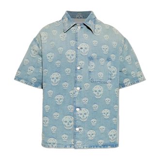 Alexander McQueen Denim overhemd met een opvallend schedelmotief - Heren - Korte mouwen Overhemden - Blauw - L - Denim - Overhemden