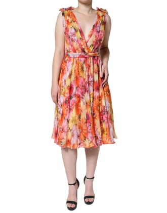 Dolce & Gabbana Womens Multicolor Floral Sleeveless V-Neck Midi Dress Silk