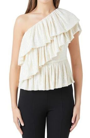 endless rose Sequin Ruffle One-Shoulder Peplum Top in Opal at Nordstrom Rack, Size X-Small