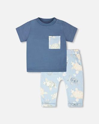 Deux par Deux Organic Cotton Turtle Print Jersey T-Shirt and Pants Set in Medium Blue & Blue Turtle at Nordstrom, Size 18M