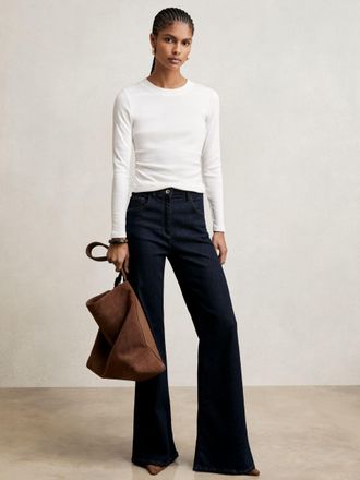 Reiss White Cotton Long-sleeve Ruched T-shirt With Stretch, XS