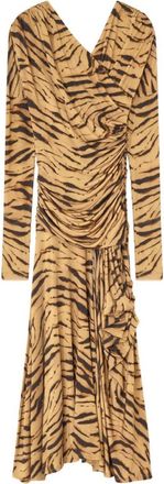 Ganni Khaki Tiger Print Ruched Dress