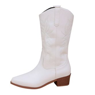 Generic Leather Boot High Boots Pointed Western Cowboy Boots Ladies (White, 6.5)