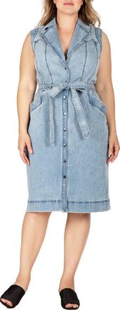 Standards & Practices Sleeveless Tie Waist Denim Dress in Bluestone at Nordstrom, Size 14W