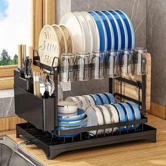 OEM Escurridor De Platos De 2 Niveles Con Soporte Para Tazones De Doble Capa, Rejilla De Drenaje, Soporte Para Tabla Adhesiva Y Soporte Para Cubiertos - A