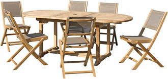 Macabane Mesa y sillas de jard&iacute;n de madera de teca y textileno topo 6/8 pers