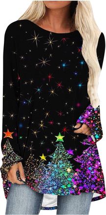 Generic Christmas Jumpers for Women UK Novelty Glitter Wine Glass Xmas Tree Print Sweatshirt Ladies Elegant Long Sleeve Sweatshirts Dress Womens Sparkling Xma