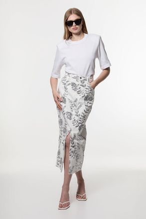 Karen Millen Womens Denim All Over Floral Sequin Skirt - White Cotton - Size 12 UK