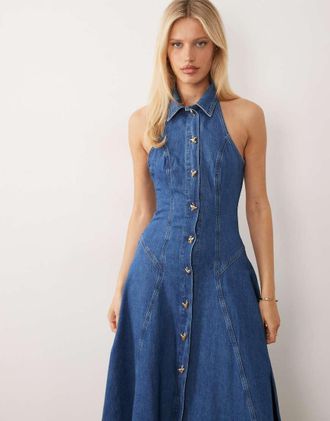 Asos Vestito di jeans midi a pieghe con bottoni a cuore lavaggio blu medio