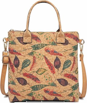 Generic Natural Cork Crossbody Bag for Women, Floral Butterfly Print Design, 26 x 25 x 8 cm, Adjustable Shoulder Strap, Zip Closure (Red Feather)