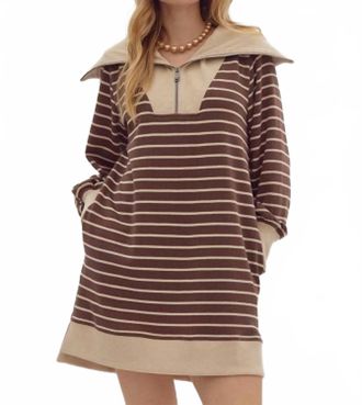 Entro Ribbed Zip-Up Collared Mini Dress In Brown Stripe