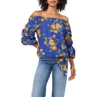 Vince Camuto Floral Off the Shoulder Bubble Sleeve Top in Riviera Sand at Nordstrom, Size Large