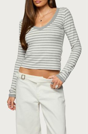 Edikted Kimi Stripe V-Neck Long Sleeve Crop Top in Gray-And-White at Nordstrom, Size X-Small