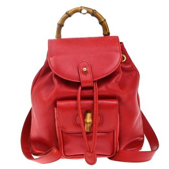 Gucci Vintage Bamboo Backpack Leather Red Leather Backpack Bag (Pre-Owned)
