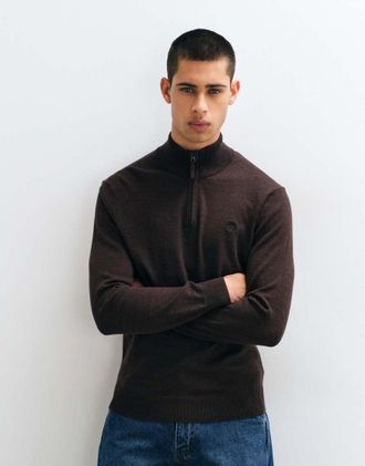 Timberland maglione in cotone con zip a 1/4 color talpa m&eacute;lange-Marrone