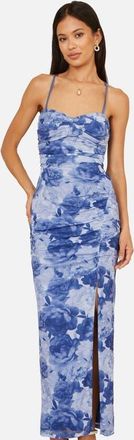 Yumi Mesh Ruched Midi Dress in Blue at Nordstrom, Size 10