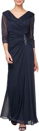Alex Evenings Embellished Chiffon Evening Gown in Navy at Nordstrom, Size 10P