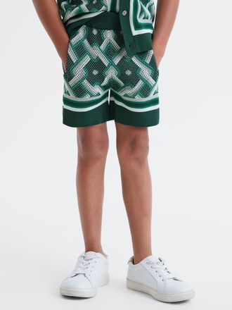 Reiss Jack Green Multi 9-13 yrs Knitted Elasticated Waistband Shorts, 11-12 Yrs, Green & white