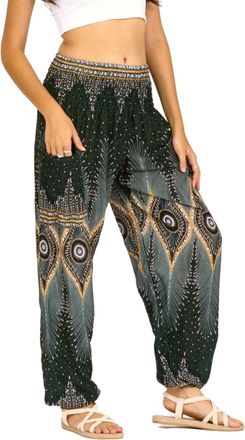 Lofbaz Harem Pants for Women Yoga Boho Hippie Clothing Womens Palazzo Bohemian Pajama Trousers Beach Indian Gypsy Genie Clothes - Floral 2 Dark Green 4XL
