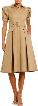 Mac Duggal Puff Sleeve Twill Button Up Midi Dress With Belt in Taupe at Nordstrom, Size 12