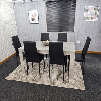 Kosy Koala Stone Grey Effect Dining Table Set with 6 Black Chairs Stylish Dining Room Furniture Set in Brown