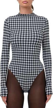Naked Wardrobe Naked Snakeskin Print Long Sleeve Bodysuit in Houndstooth Black/White at Nordstrom, Size X-Large