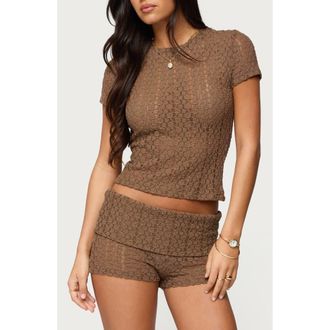 Edikted Rye Stretch Lace T-Shirt in Brown at Nordstrom, Size X-Small