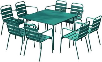Vente-Unique Comedor de jard&iacute;n de metal - una mesa de 120 cm y 8 sillas apilables - Azul verdoso - MIRMANDE de MYLIA