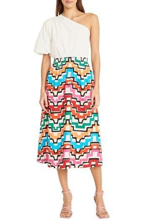 Maggy London One Shoulder Midi Dress in Soft Ivory/Black/Multi at Nordstrom Rack, Size 16