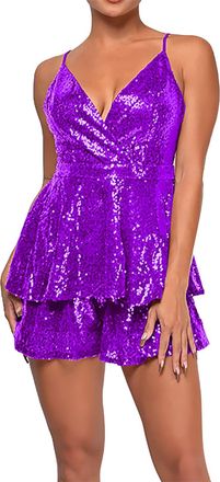 Generic Sparkly Dress Womens Party Glitter Backless Slip Strap Mini Sparkly Sequin Dresses Leotard Dancewear Sexy Mini Dress V Neck Spaghetti Strap Sleeveless