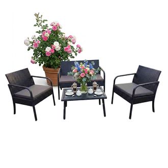 Relaxdays Conjunto De Muebles De Jard&iacute;n Relaxdays, 4 Piezas Para 4 Personas: Banco De 2 Plazas, 2 Sillas Y Mesa, Exterior, Negro