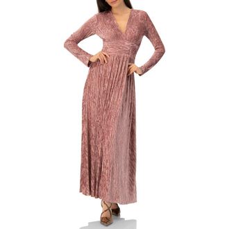 Ivonne Long Velvet Pleated V-Neck Dress in Dark Pink at Nordstrom, Size 14
