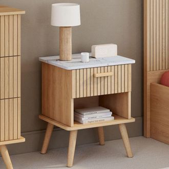 IDMarket Lote De 2 Mesillas De Noche Juliette, Encimera Efecto M&aacute;rmol, 1 Caj&oacute;n Con Nicho De Listones De Madera