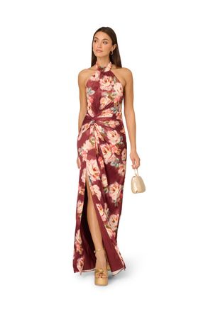 Adrianna Papell Womens Printed Satin Long Dress - Brown - Size 14 UK