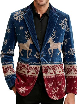 Generic Mens Christmas Blazer Corduroy Jacket Ugly Christmas Blazer Jackets Xmas Festive Costume Slim Fit Single-Breasted Suit Jacket Novelty Xmas Tuxedo Holi