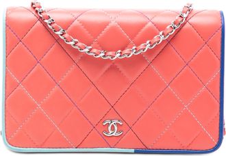 Chanel Pre-owned Womens Cc Quilted Lambskin Multicolor Border Full Flap Wallet On Chain - Light Pink Leather - One Size