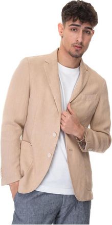 HUGO BOSS Linnen jas met zijsplitten - Heren - Blazers - Beige - 3XL - Linnen - Jassen